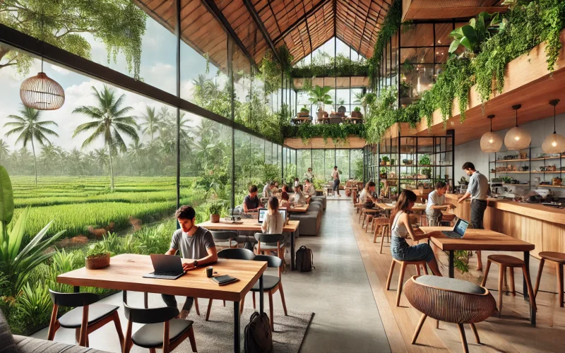DALL·E 2025-03-06 11.40.16 - A modern coworking space in Bali with an open-air design, lush tropical greenery, and wooden furniture. Large glass windows let in natural light, and